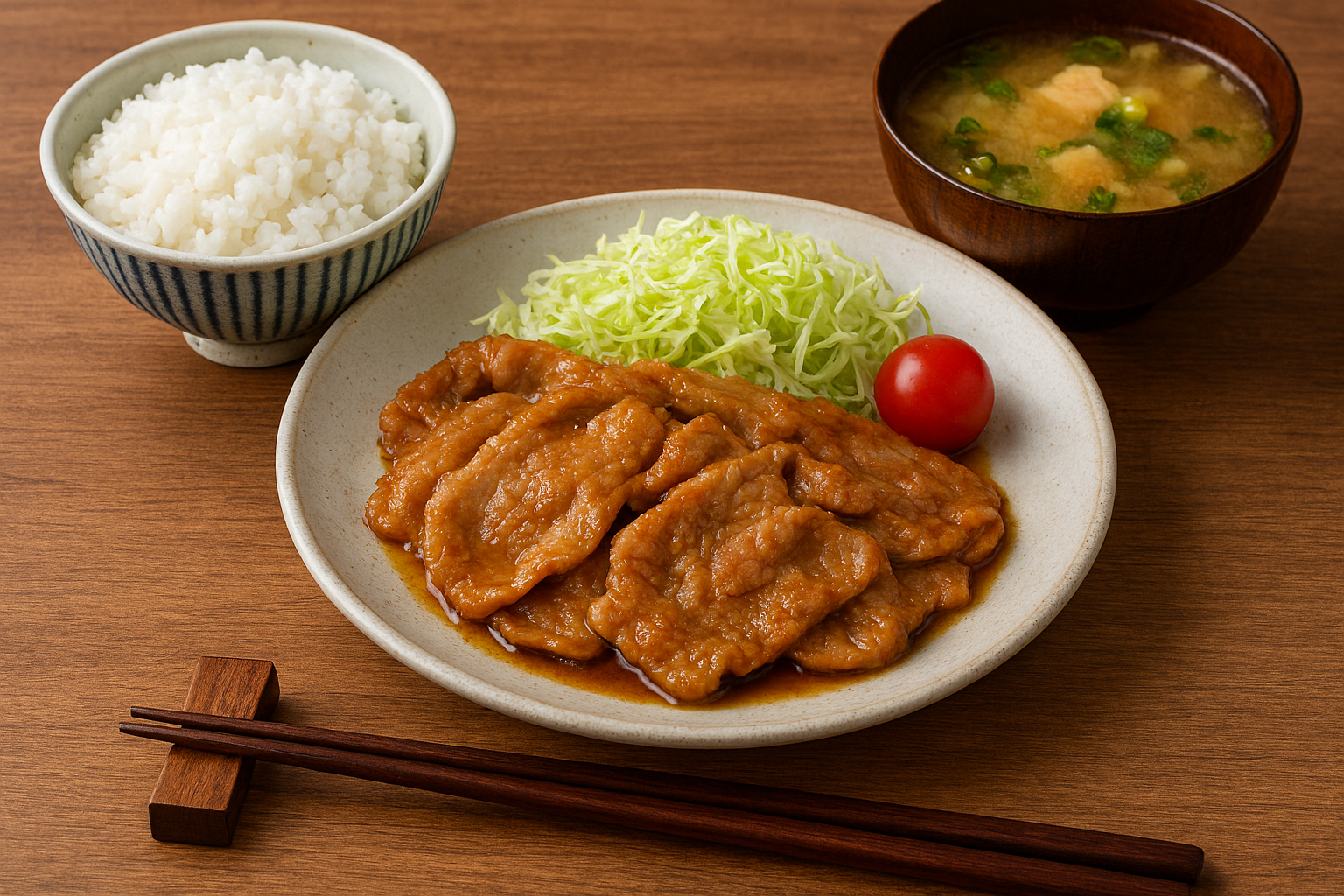 日本の定食屋で提供される生姜焼き定食。白